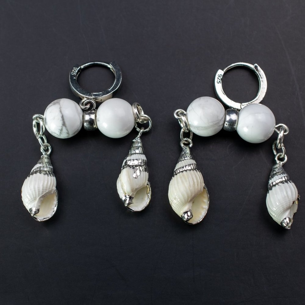 Unique White Shell Chunky Earrings, Handcrafted Howlite Dangle Hoops